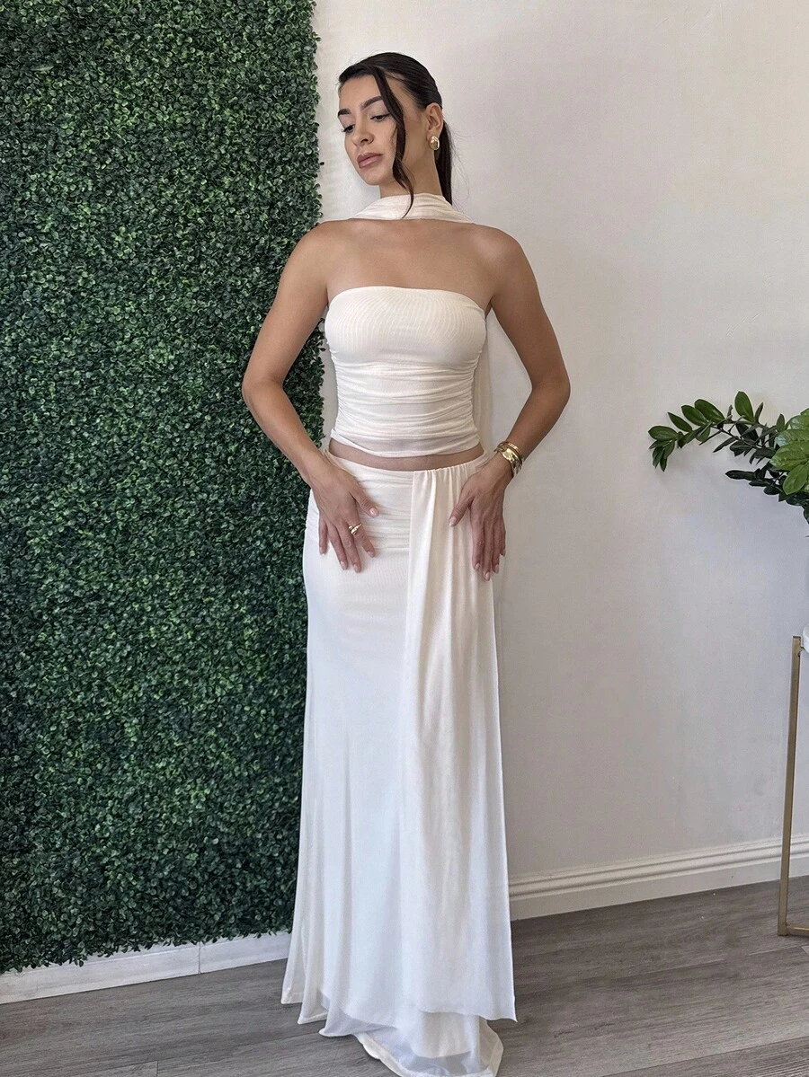 Andrea Bello 2 件套女士粉色褶皱抹胸短款上衣和低腰褶皱抽绳长裙，海滩度假装，夏季波西米亚露背连衣裙，音乐节连衣裙，伴娘 2 件套 - 杏色 - 查看 1