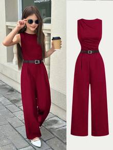 SHEIN Firerie Kids Tween Girl Plunging Neckline Burgundy Jumpsuit, Commute & Everyday Wear High Fashion Girls Jumpsuit - Burgundy - View 1