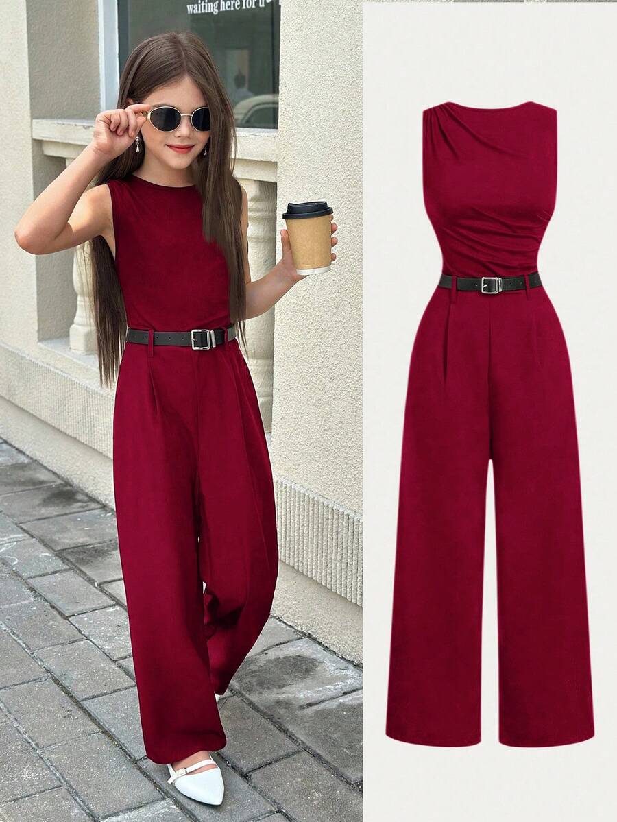 SHEIN Firerie Kids Tween Girl Plunging Neckline Burgundy Jumpsuit, Commute & Everyday Wear High Fashion Girls Jumpsuit - Burgundy - View 1