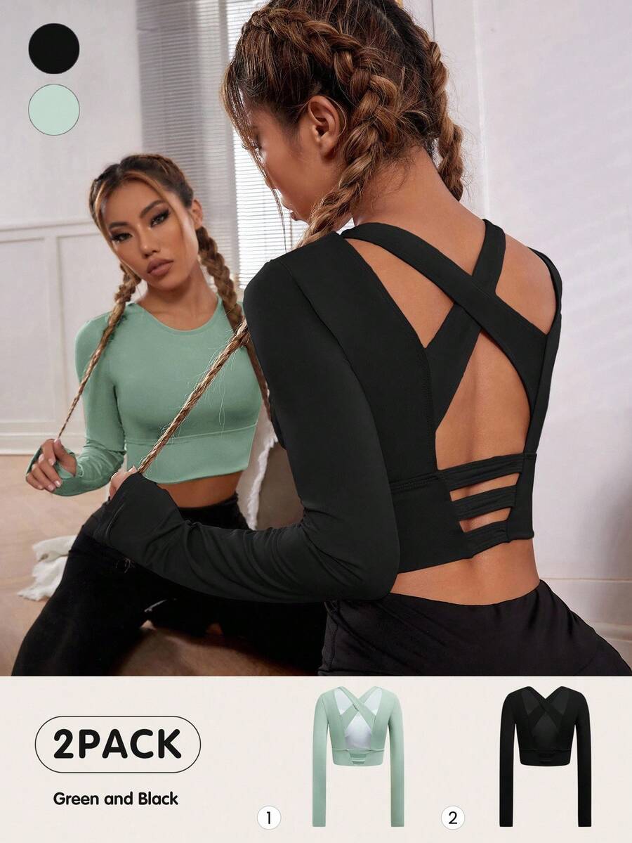 Slayform 2 件女式纯色交叉露背长袖短款运动 T 恤 - 彩色 - 查看 1