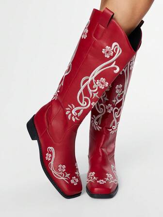 Women's Pointed Toe Chunky Heel Floral Embroidered Western Boots, Leather Outdoor Fashion Slip-On Over-The-Knee Boots