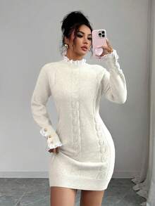 SHEIN Elenzya 秋冬长袖扭绳圆领蕾丝边杏色连衣裙 - 白色 - 查看 4