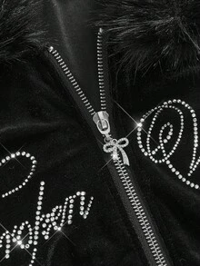 ROMWE J-Fashion 2 件 Y2K 天鹅绒水钻装饰女式运动衫套装，秋冬款 - 黑色 - 查看 7