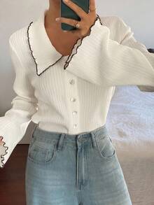 Livesso Áo khoác cardigan dài tay, cài khuy đơn, cổ bẻ cho nữ, mùa thu - trắng - Xem 5
