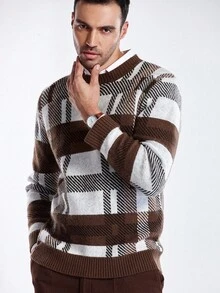 Manfinity CityGents Men's Casual Colorblock Plaid Knit Sweater, Autumn/Winter - Brown - View 3