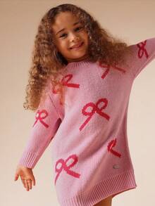 SUMWON 女童针织毛衣裙蝴蝶结图案长袖秋冬休闲节日派对特殊场合中长款可爱日常穿着舒适 - 粉色 - 查看 6