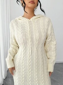 Elenzga Plus Size Beige Cable Knit Hooded Long Sleeve Midi Sweater Dress, Comfortable & Elegant - Beige - View 7