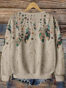 EMERY ROSE Music Festival Gold Feather Print Plus Size Sweatshirt, Suitable For Party In ,Spring - Multicolor - View 2