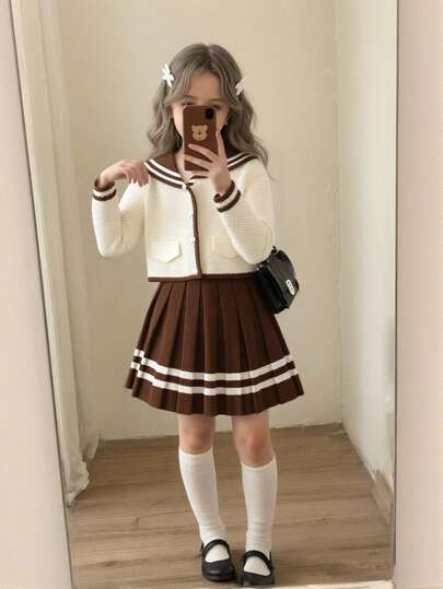 Sparklyn Young Girl Casual, Fashionable, Simple And Cute Two Pieces Set Of Navy Collar Knitted Cardigan And Striped Brown Knitted Short Skirt. It Is Suitable For Autumn And Winter, Christmas, Back-To-School Outfit