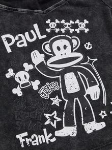 Paul Frank X ROMWE Plus Size Women Vintage Acid-Washed Monkey Print Off Shoulder T-Shirt - Black - View 3