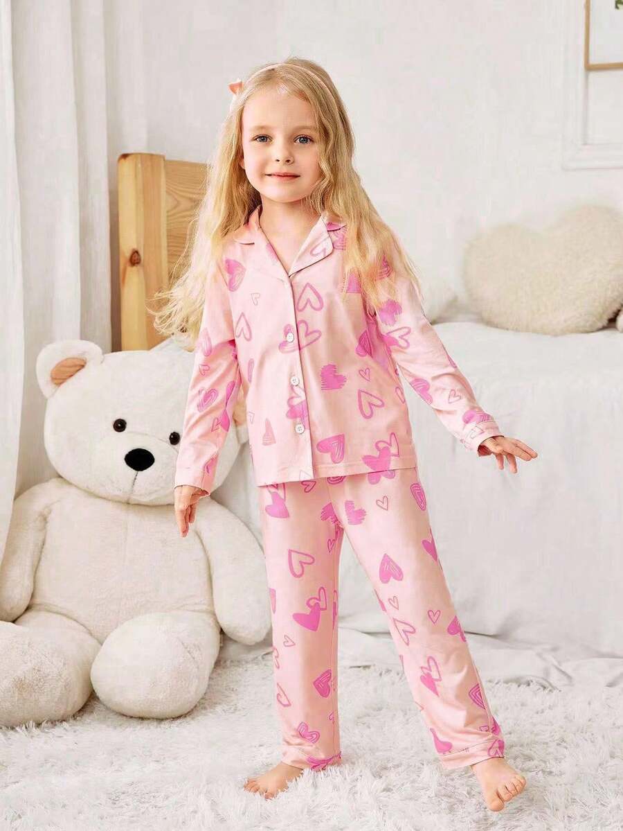 2pcs Girls Casual Pink Heart Print Long Sleeve Cardigan And Pants Homewear Set,Kids Fairy Autumn Holiday Night Pj Set,Girl Sleepwear Pajama Set - Dusty Pink - View 1