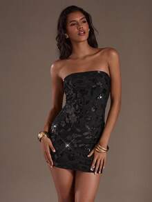 Glamine Elegant Women's Black Bodycon Mini Dress Featuring Sequin Floral Design And Strapless Neckline Strapless Black Dress Corset Dress For Women Night Club Dress, Christmas