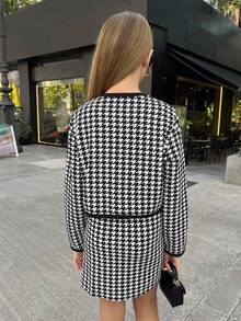 SHEIN Tween Girl Urban Chic Houndstooth Print Long Sleeve Jacket And Bodycon Skirt Set, Back To School, Student, Graduation Fall Winter