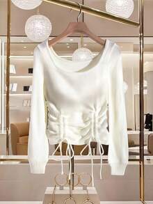 GlowEve Women's Casual Solid Color Drawstring Hem Long Sleeve Sweater - White - View 1