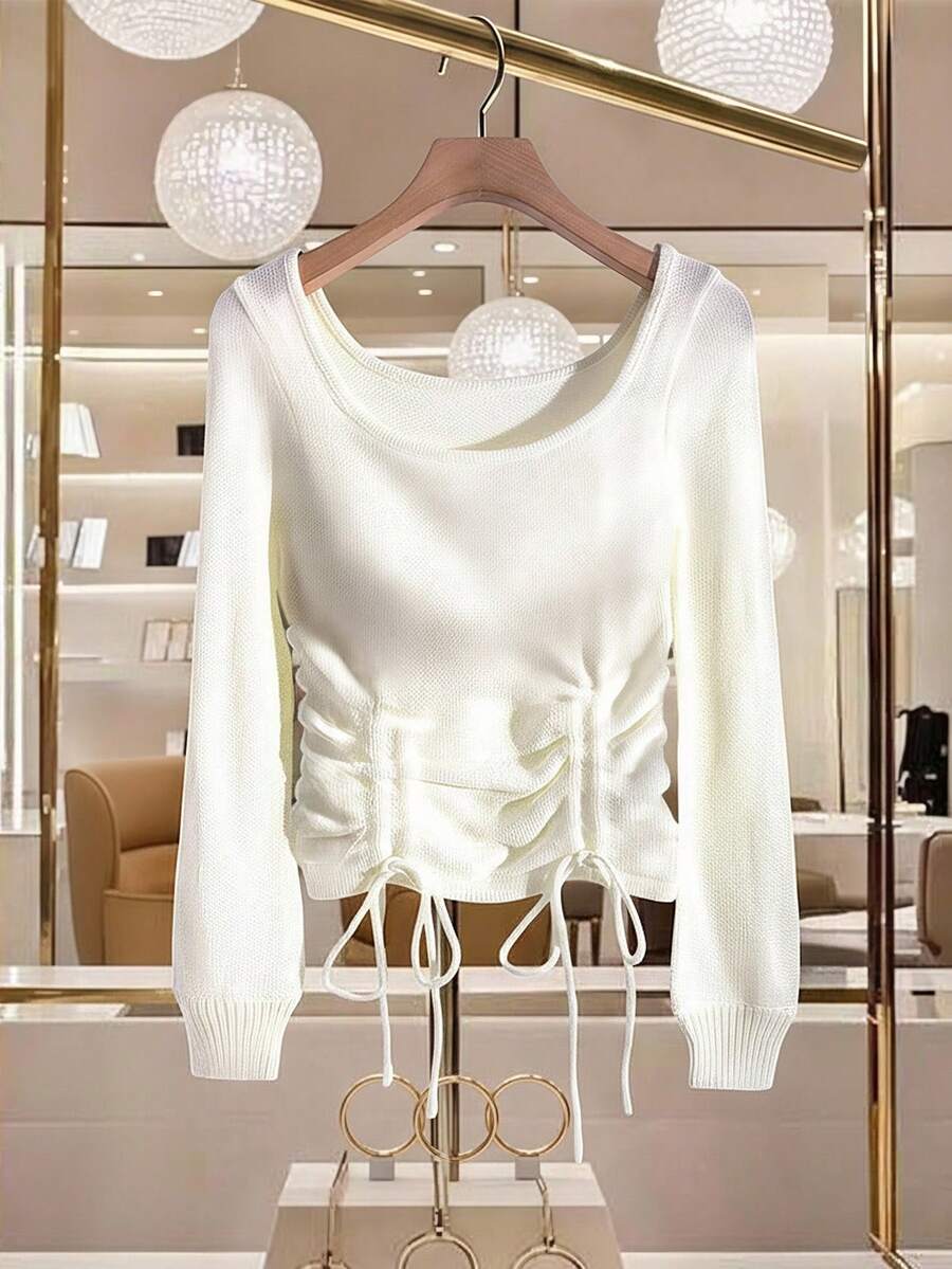 GlowEve Women's Casual Solid Color Drawstring Hem Long Sleeve Sweater - White - View 1