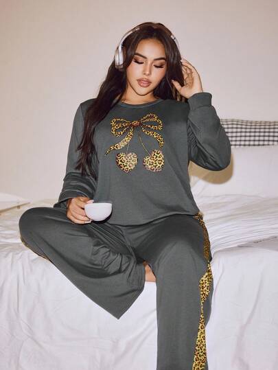 Leopard & Cherry Print Casual Top & Lounge Pants Set, Plus Size, Winter Clothes