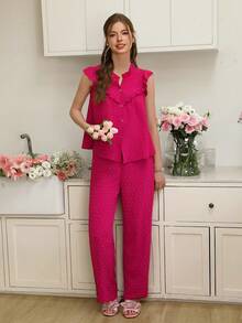 Women's Polka Dot Jacquard Frill Trim V-Neck Cardigan & Long Pants Pajama Set