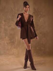 SHEIN BAE Women's Solid Color Regular Shoulder Long Sleeve Crossed Wrap Fashion Blazer,Fall Clothes For Women,Autumn Clothing For Women ,Winter Clothes For Women, Halloween,Christmas,New Year,Brown Suit With Shorts, Casual, Commuting, Brown Two Piece Set Women