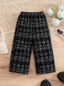 SHEIN 女婴可爱休闲针织黑色格子弹力腰裤 婴儿长裤 婴儿黑色裤子 婴儿格子裤 黑白格子裤 格子裤 秋冬亲子装（2件分开出售） - 黑色 - 查看 6