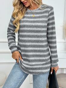 SHEIN 女士休闲拼布下摆圆领长袖运动衫，适合秋季日常穿着 - 彩色 - 查看 5