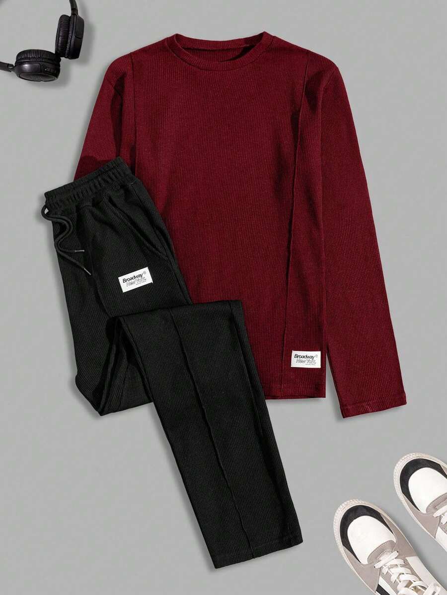 SHEIN Cottnline Men Waffle Fabric Patched Long Sleeve Regular T-Shirt Set - Burgundy - View 1