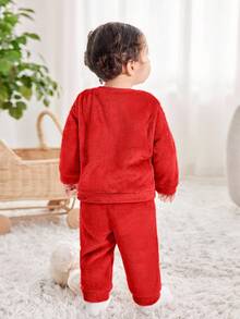 Completo da bambina con top a maniche lunghe con motivo carino e morbido e pantaloni a vita elastica, outfit rosso autunnale/invernale, abbigliamento invernale per bambine, set da 2 pezzi, abbigliamento invernale in pile - Rosso - Visualizzare 2