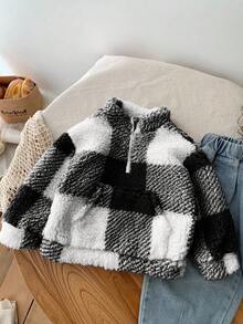 SHEIN Baby Girl Plaid Fluffy Stand Collar Zip-Up Sweatshirt, Versatile For Outings, Autumn/Winter (Mommy And Me Matching Outfits, 2 Pieces Sold Separately) - Black - View 5