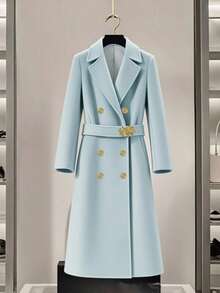 GlowEve 女士优雅双排扣长袖大衣，秋冬款 - 藍色 - 查看 4