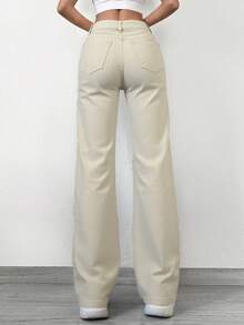 Cottnline Women's Solid Color Straight Leg Jeans - Beige - View 2