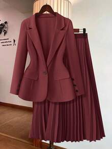 GlowEve CURVE 2pcs/Set Plus Size Solid Color Button Front Long Sleeve Shirt And Skirt Outfit Fall Cloth For Women - Burgundy - View 3