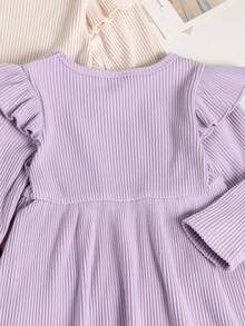 SHEIN Baby Girl Solid Color Round Neck Long Sleeve Ruffle Hem Ribbed Cute Dress - Multicolor - View 7