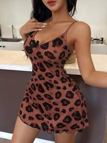 SHEIN 女式蝴蝶结装饰 V 领豹纹吊带背心迷你睡袍 - 棕色 - 查看 4