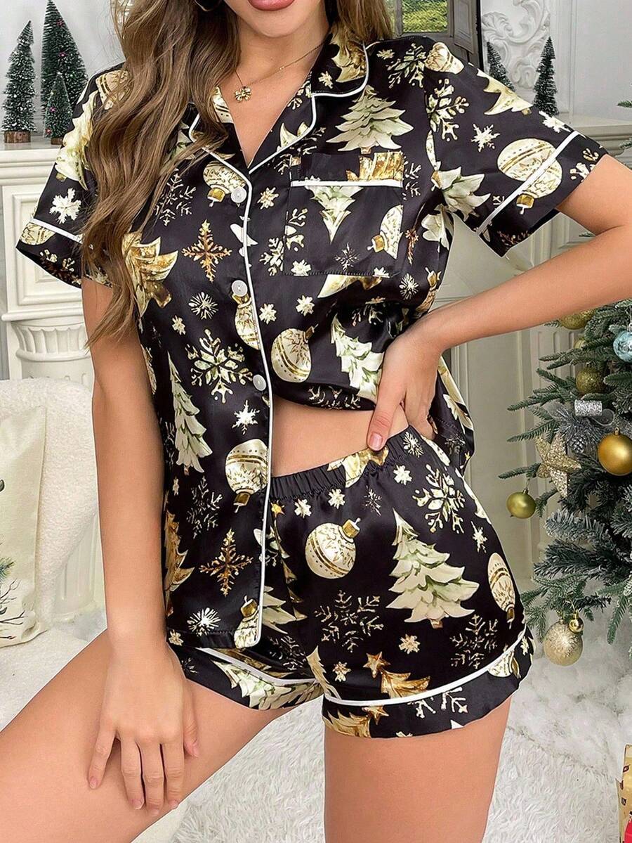 SHEIN 仿丝全印花圣诞图案装饰开衫睡衣套装 - 黑色 - 查看 1