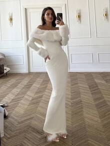 SHEIN BAE 杏色露肩毛绒紧身长袖毛衣裙，保暖内衬厚秋冬连衣裙，杏色性感露肩长裙，约会晚礼服，生日礼服，夜总会派对礼服，适合万圣节、圣诞节、约会派对，优雅印花连衣裙 - 米色 - 查看 7