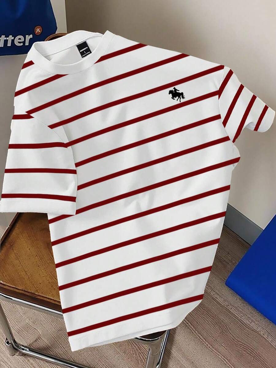 Claim Dot 男女通用经典条纹马匹印花休闲 T 恤，时尚图案 T 恤 - 彩色 - 查看 1