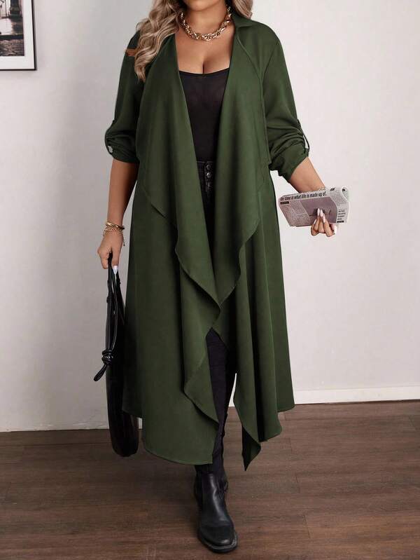 Vionelle Plus Size Casual Waterfall Collar Long Jacket Fall Women Clotheswomen Long Cardiganlong Cardigans Ladies Green Cardigan Women Asymmetrical Hem Long Cardigan Draped Open Front Cardigan Green Outfits For Women