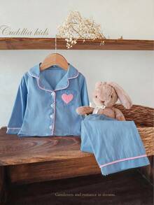 女婴棉质舒适长袖开衫上衣，带心形刺绣口袋和裤子家居服套装，可爱时尚，春秋 - 藍色 - 查看 4