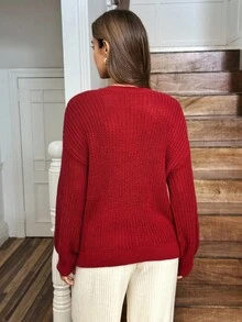 SHEIN LUNE Pull décontracté à manches longues, col rond, épaules tombantes, style western, blocs de couleurs, pour femmes, automne/hiver - Rouge foncé - Voir 2
