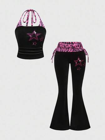 J-Fashion 2 pièces/set Top femme décoré d'étoiles et de strass 2 en 1