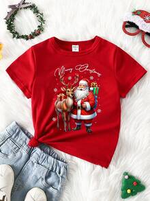 SHEIN Cute Reindeer & Santa Claus Graphic Print Short Sleeve T-Shirt,Versatile Creative Party Fashion Top - Red - View 4
