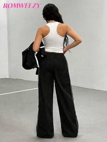 3 PiecesCasual Set For Teen Girl With Zip-Up Jacket In Minimalist Style With Contrast Trim, Soft & Comfortable White Tank Top, Matching Contrast Trim Pants, Suitable For Daily Wear And Activities