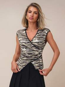 COSMINA Débardeur élégant pour femmes avec imprimé zébré et ornements de sequins au col en V, pour toutes les saisons