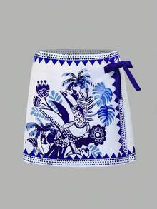 Swim Oasis Women's Tropical Floral & Bird Print Casual One-Piece Swimsuit With Skirt, Halter Neck, Suitable For Vacation And Beach - Blue and White - View 13