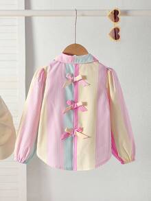 Elladie kids Toddler Girls' Casual Pink, Blue & Yellow Striped Shirt With 3D Bowknot, Long Sleeve Button Up, Suitable For Sweet Girls To Pair With Jeans In Autumn - Multicolor - View 2