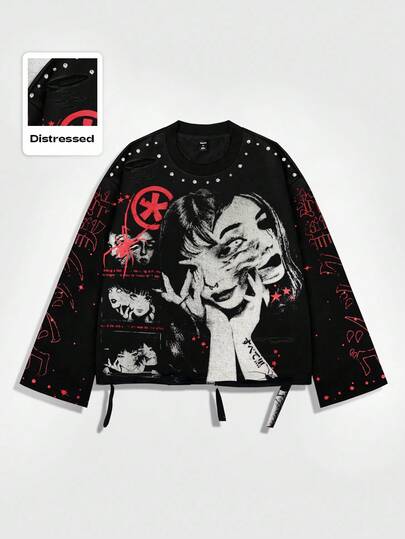 Street Life Vintage Street Style Anime Distressed Saint Graphic Long Sleeve Crew Neck Men's T-Shirt, For Fall