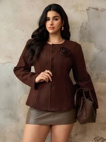 Roveilla Plus Size Women's Double-Breasted Floral Woolen Jacket, Elegant Regular Fit Coat For Winter Blazer Dress Plus Size Plus Size Jacket Earthy Plus Size Plus Size Western Clothing - Brown - View 6