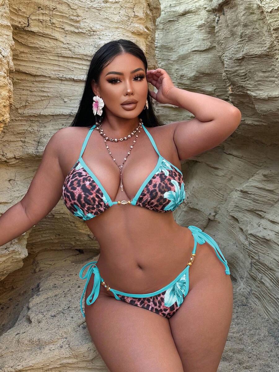 SHEIN Swim 大尺碼女款多色圓圈印花掛脖鋼圈內衣搭配側綁比基尼泳褲，性感休閒海灘度假泳裝套裝，適合夏季