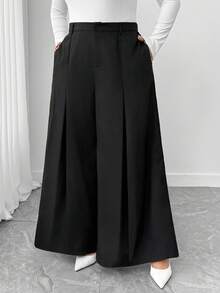 Elenzga Plus Size Women's Elegant Solid Color Split Wide Leg Pants, Suitable For Commuting And Everyday Wear - Black - View 7