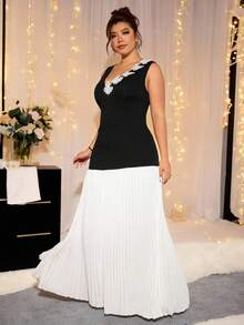 Cravure Plus Size Women Elegant V-Neck Color Block Party Dress