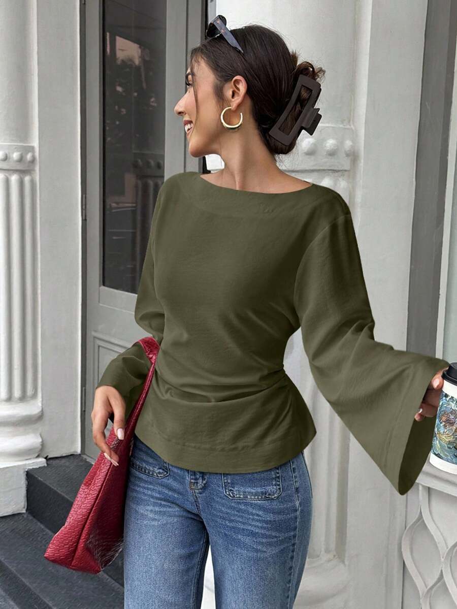 EMERY ROSE 女式纯色圆领荷叶边喇叭袖时尚衬衫 - 軍綠色 - 查看 1